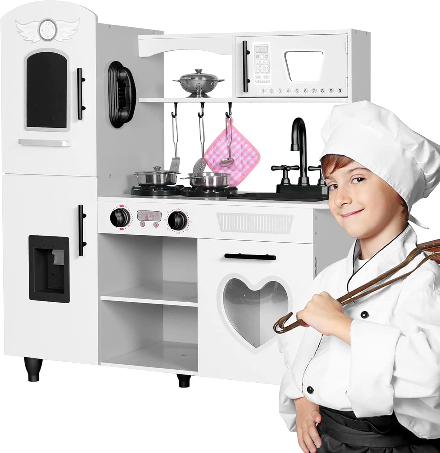 TaoHFE Wooden Kitchen Playset for Toddlers - Kitchen Toy Set with Lights & Sounds for Pretend Play, Gift for Kids Age 3+ (White) - image 1