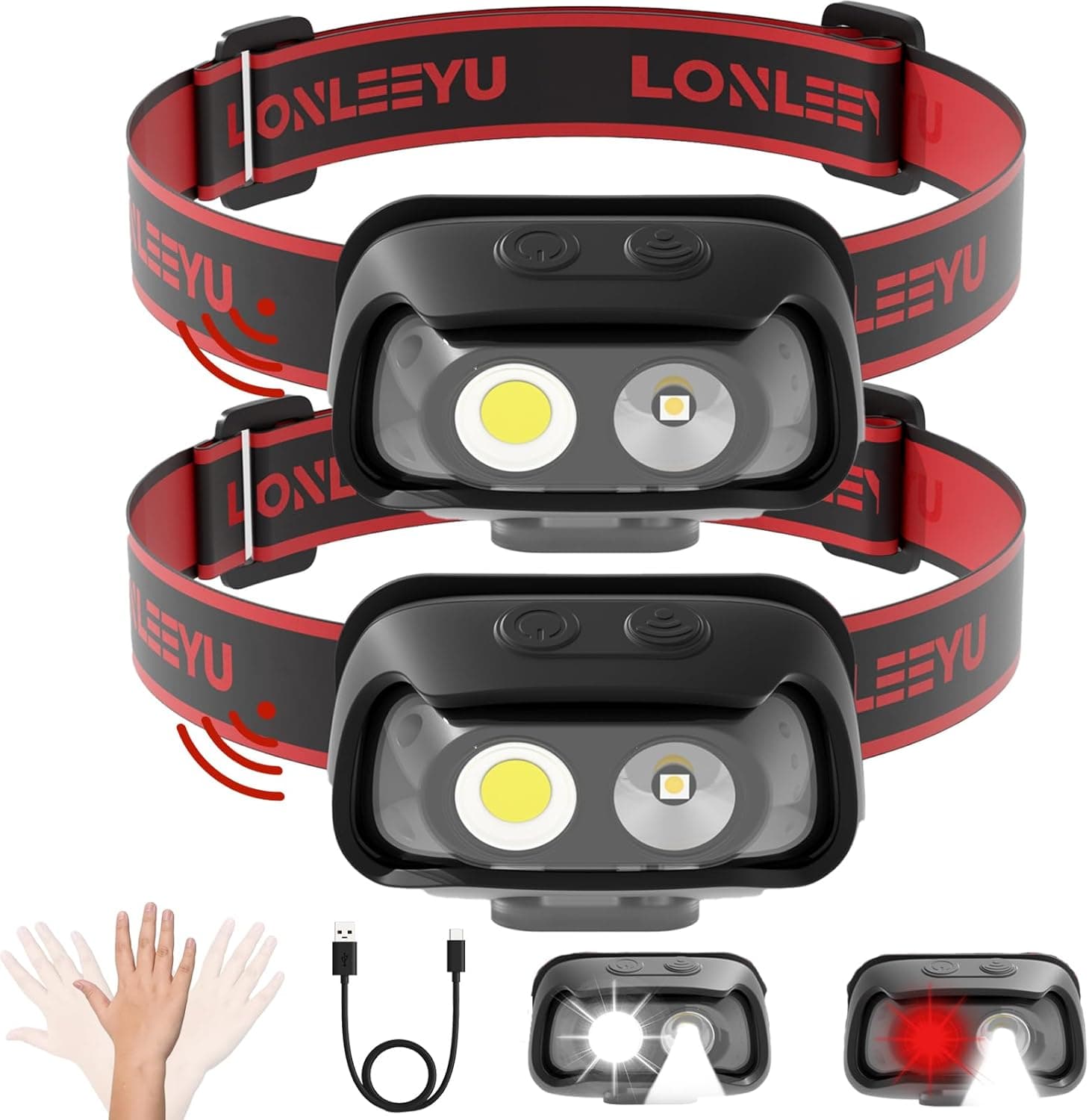 2 Pack LED Headlamp Rechargeable, 5 Models Head Lamp Flashlight with Motion Sensor for Adults - Camping Accessories Gear, Waterproof Head Light Flashlight for Hiking, Repairing, Fishing, Cycling - image 1