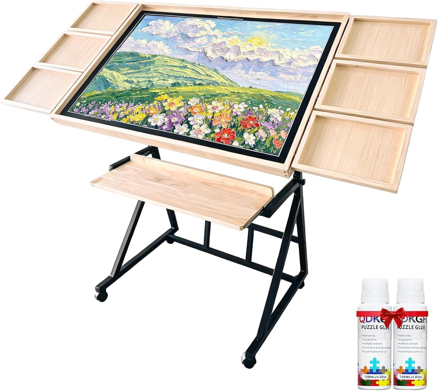 Wooden Jigsaw Puzzle Table with Moving Caster for 1500 Piece Puzzles, Puzzle Board with Drawers, Felt Surface, Adjustable Height & Tilt, Christmas & Birthday Gift for Seniors & Puzzle Lovers