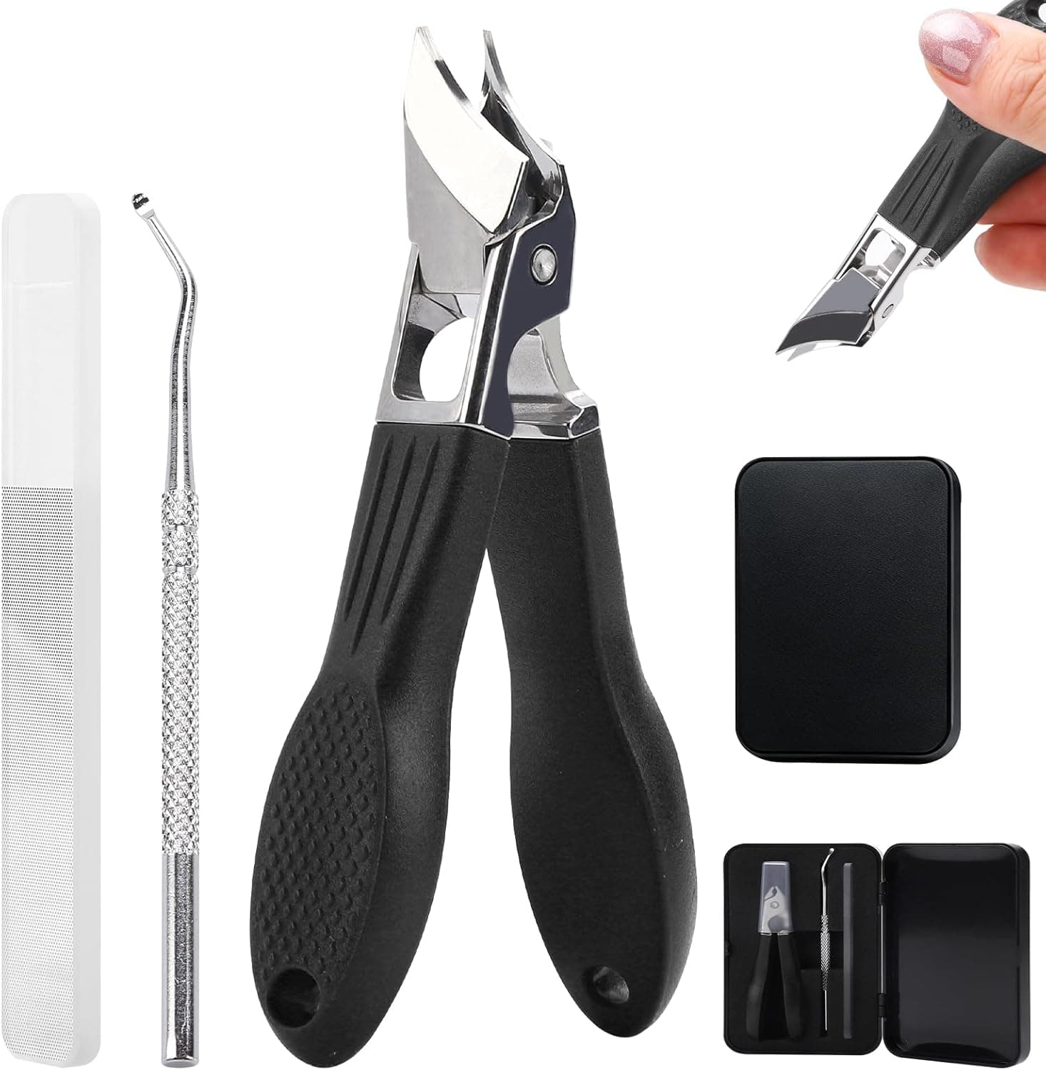 Eagle Beak Nail Clippers for Ingrown & Thick Nails – Beveled/Slanted/Angled Blades, Long Handle Wide Jaw, Anti-Splash Ultra Sharp Stainless Steel Edge 3-Piece Set for Men/Women (Black) - image 1