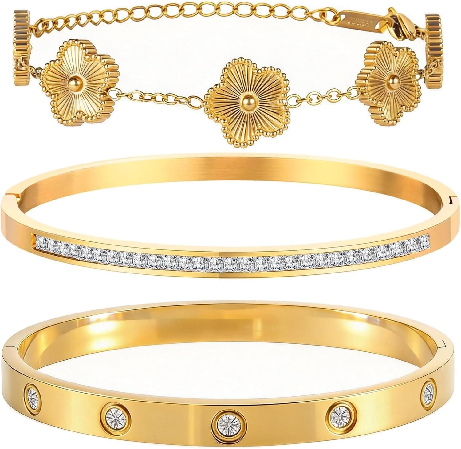 Ciormis 18K Gold Plated Bangle Bracelet Set for Women Stackable Gold Clover Women Bangle Bracelets Trendy Gift Jewelry for Christmas Anniversary - image 1