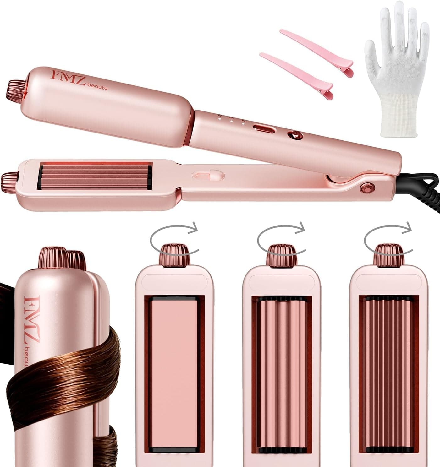 FMZ Flat Iron Hair Straightener Crimper Curler, Professional 4 in 1 Pink Hair Styling Irons for Straightening, Crimping, Curling, Fast Heating, Dual Voltage, Mini and Portable for Women Travel Home