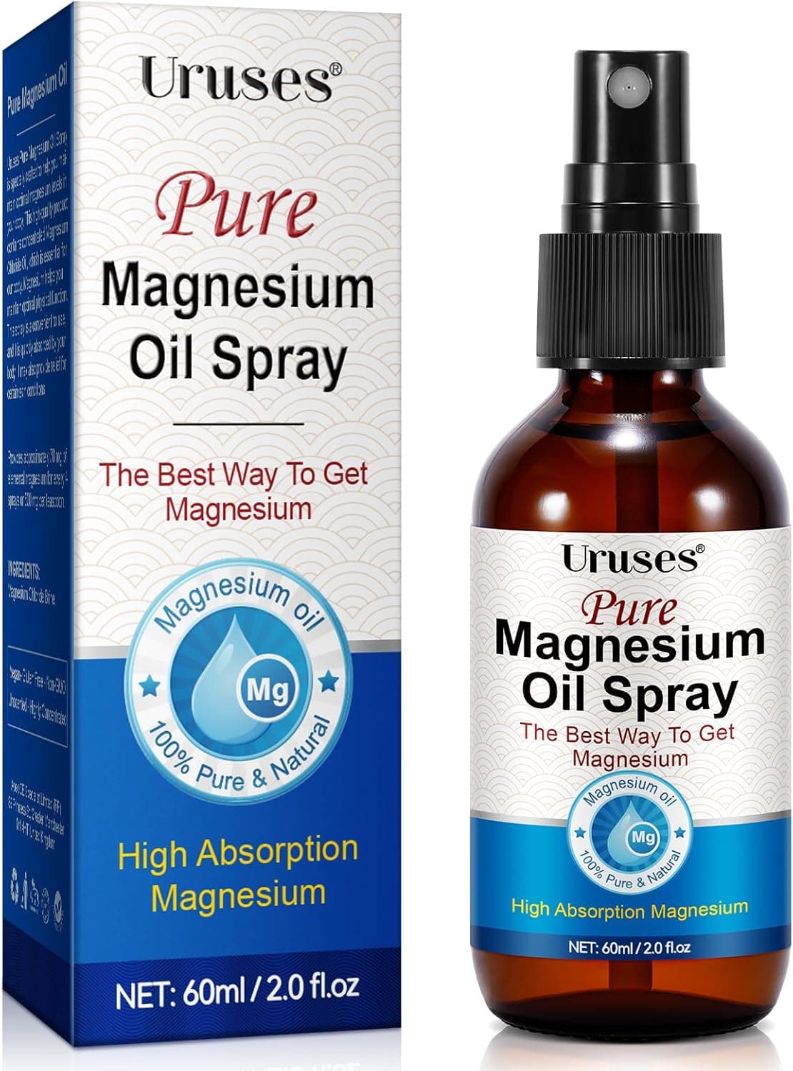 Pure Magnesium Oil Spray, Magnesium Oil for Feet, Topical Magnesium Spray for Feet,Magnesium Body Oil, Glass Bottle, Easy to Absorb & Use -2.0 oz