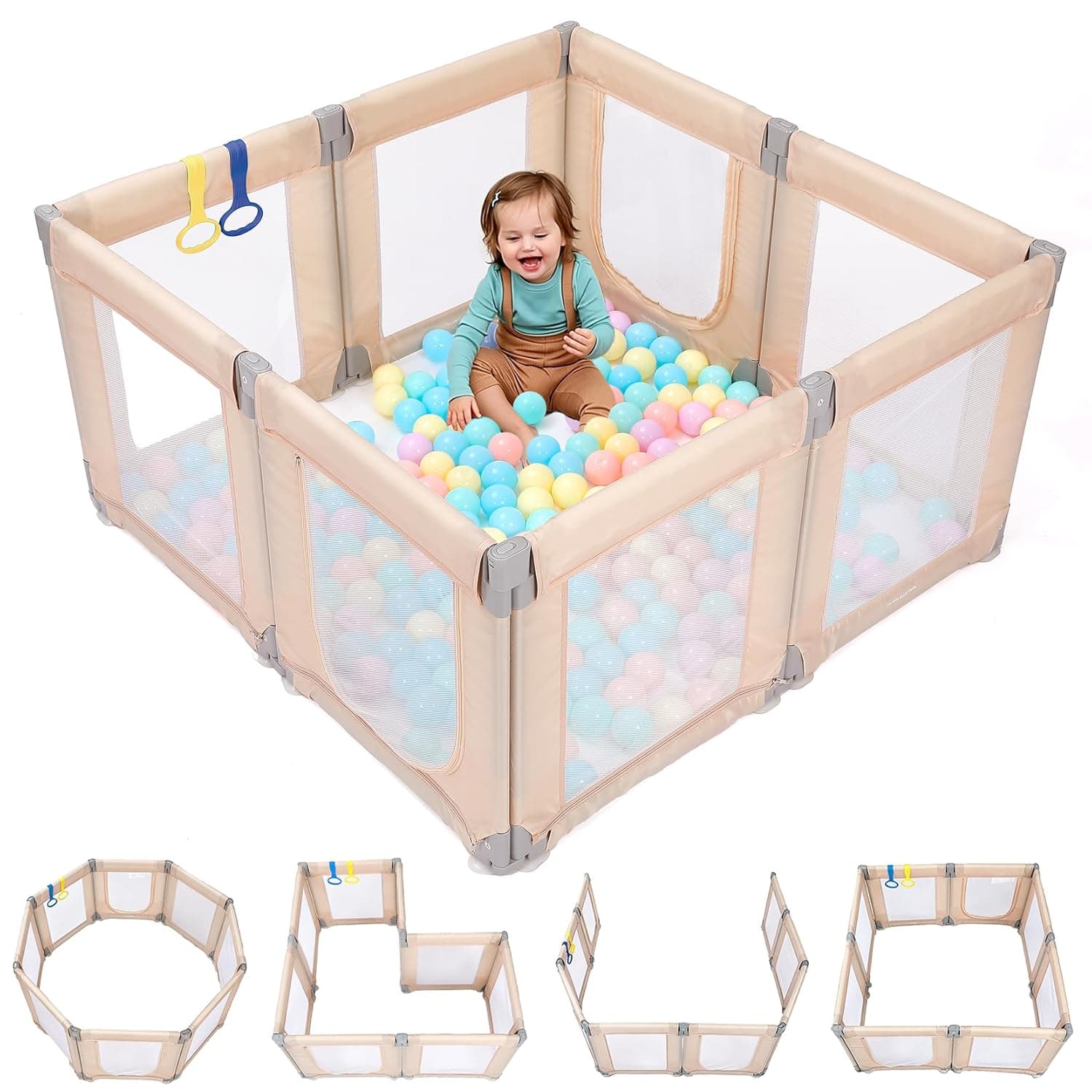 Dripex Small Foldable Baby Playpen, 49"x47" Small Space Play Yard for Travel - Portable Collapsible Play Pen for Babies, Indoor Outdoor Baby Fence, Beige