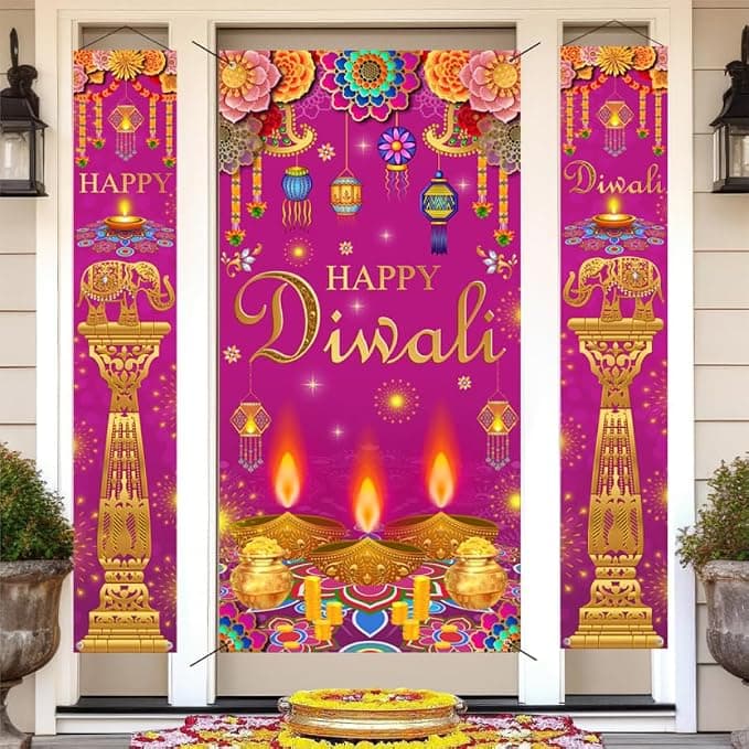 3Pcs Happy Diwali Banners Sign Decorations for Home - Purple Gold Festive Door Cover & Porch Sign