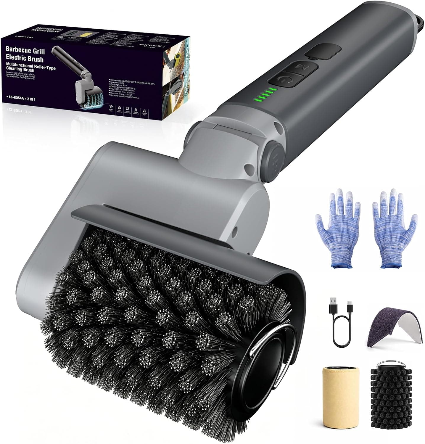 Electric Grill Brush, Cordless BBQ Cleaner, 3-Speed & Angle Adjustable, 3-in-1 Kit with Gloves, Reinforced Bristles, 150Mins Runtime, Removable & Dishwasher Safe for Outdoor BBQ Grates (Light Gray) - image 1