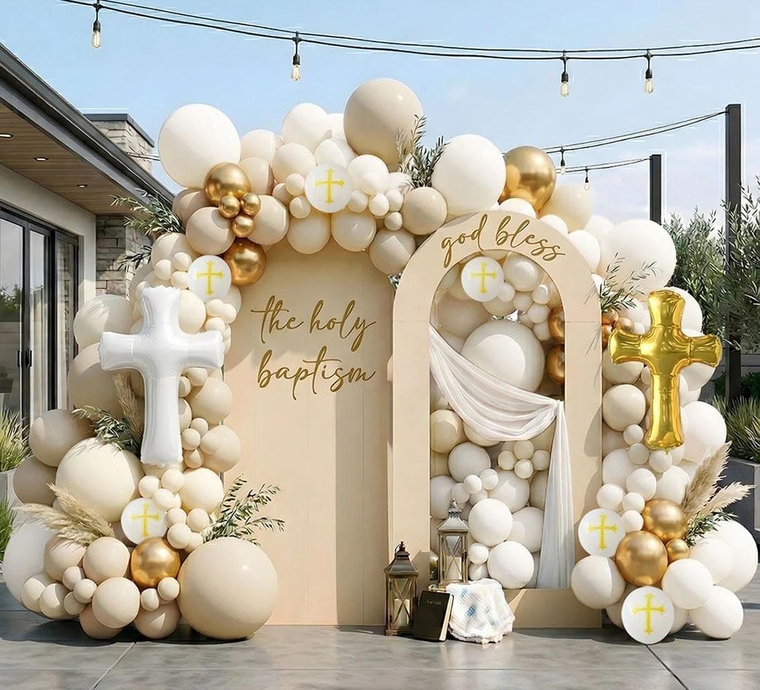 Double Stuffed Neutral Baptism Balloon Arch Kit with Cross Foil | Sand White Ivory Gold Latex Balloon Garland for First Holy Communion, Christening, God Bless Party