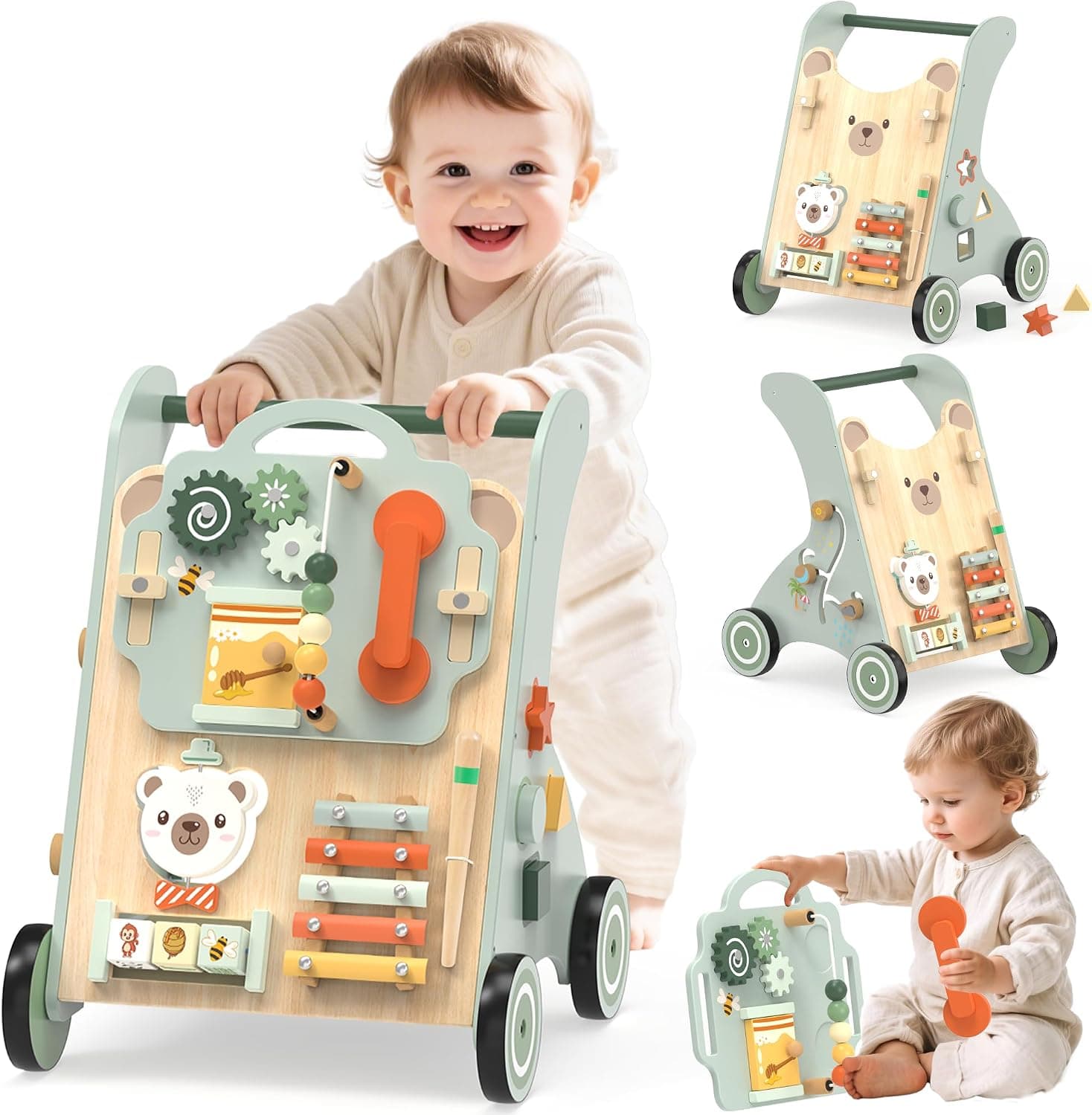 WOODMAM Wooden Baby Walker, Adjustable Speed Baby Push Walker for 1 Year Old, 10-in-1 Montessori Walker for Boys & Girls, Toddler Sit-to-Stand Learning Toy with Detachable Busy Board - image 1