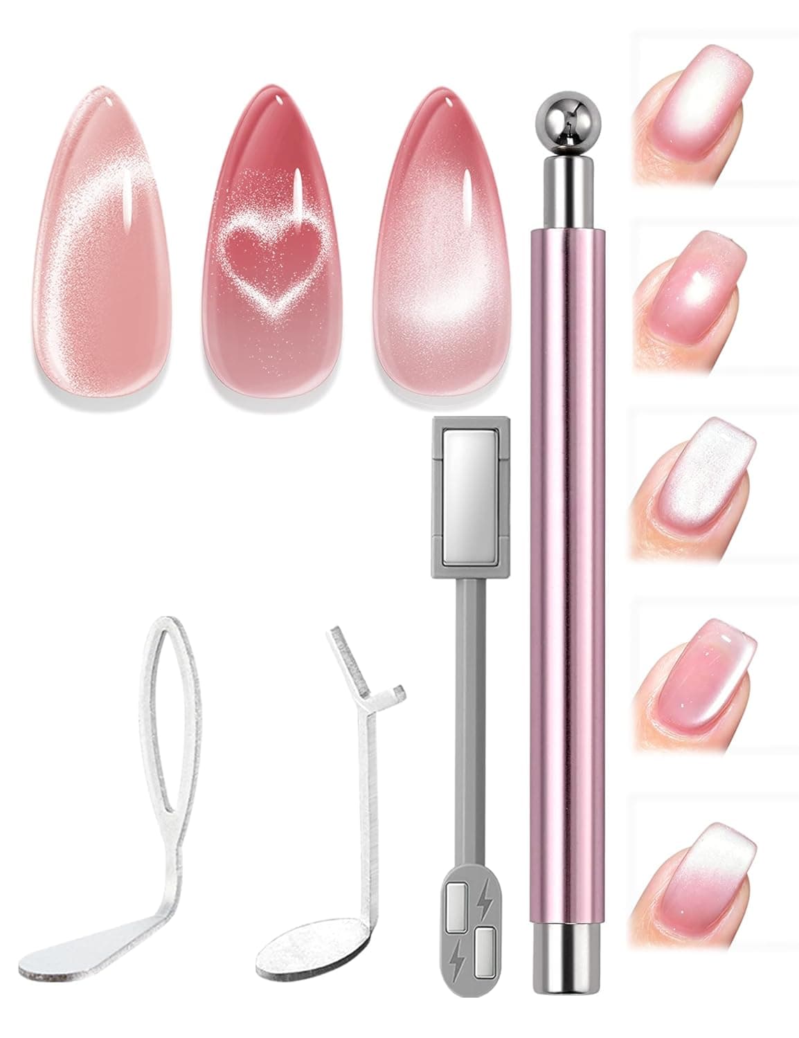 modelones Cat Eye Magnet Set,5PCS 3-in-1 Dual-Head Nail Magnet Pen with Heart, Lightning & Sphere Shapes for Cateye Gel Polish, Side Light Wide Light Glass Glow Effects DIY Nail Art Tool(Magnet Only)