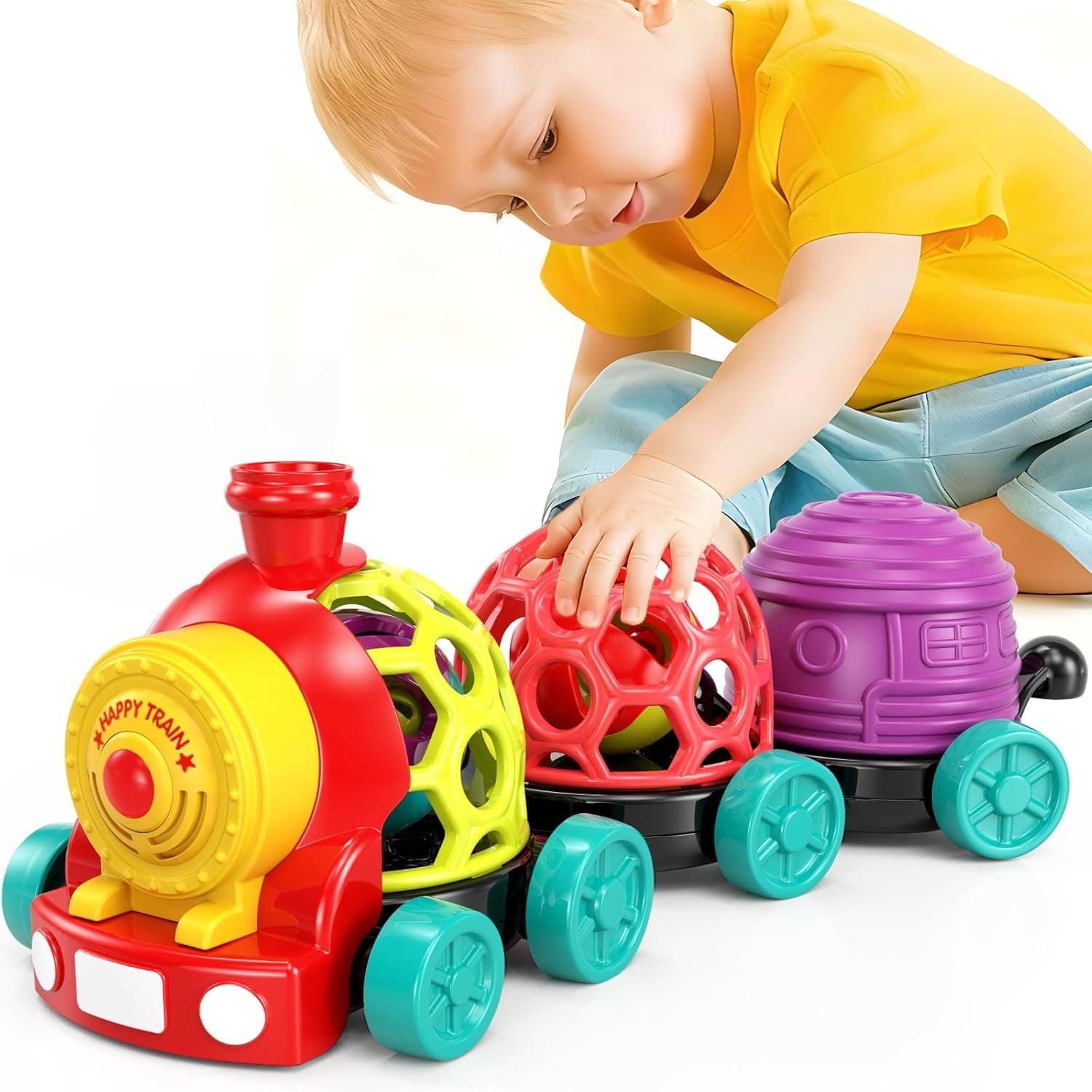 Train Baby Toys 6-12 Months, Car Toys for 1 Year Old Boy Toddler Train Set, Infant Soft Cars for Toddlers 1-3 Kids Birthday Gift 6 7 8 9 10 Month, Cause Effect Musical Push Truck Ball Rattle