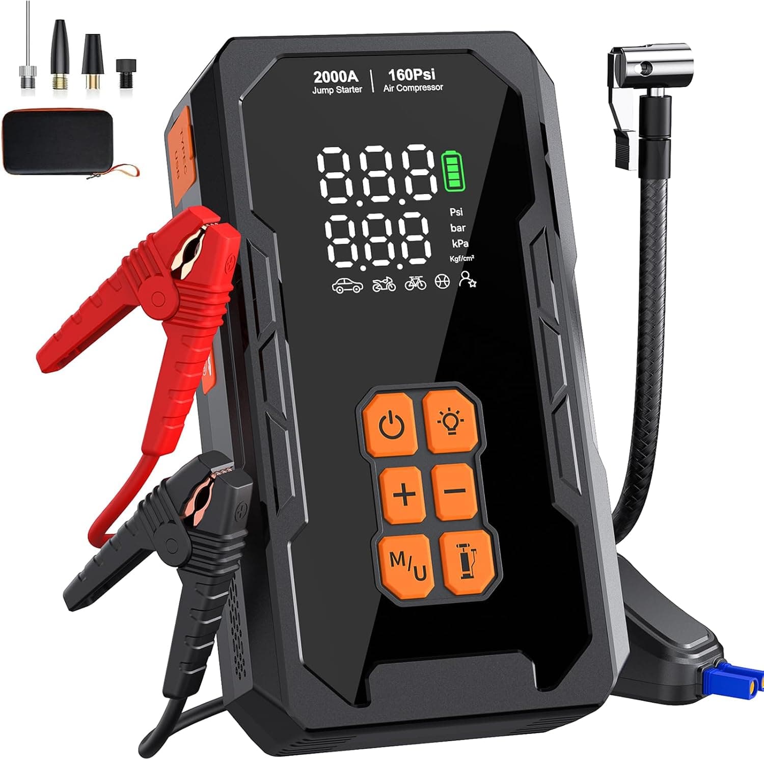 Jump Starter with Air Compressor 160PSI, 12V Car Battery Jumper Starter Portable (8.0L Gas/6.0L Diesel), Car Battery Charger Jump Box Cables with Auto-Shutoff Tire Inflator and LED Light, Black