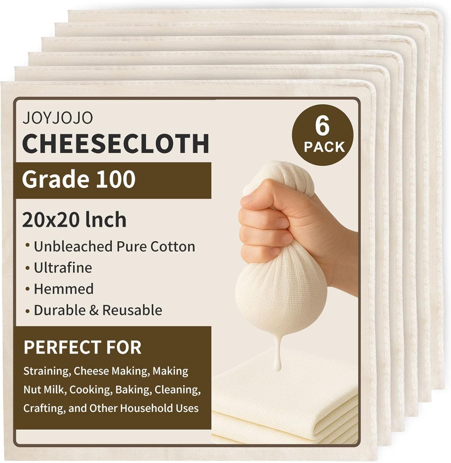 Cheesecloth 6-Pack 20x20 Inch – Organic Grade 100 Cotton, Reusable Hemmed Cheesecloth for Baking, Straining, Nut Milk & More