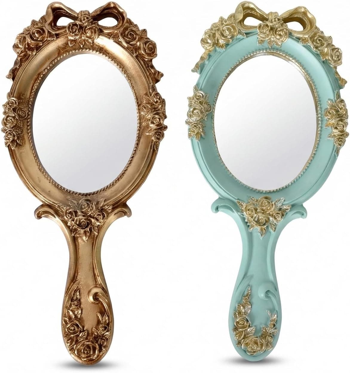 Vintage Makeup Mirror, 2 Pieces Mirror with Handle, Embossed Rose Pattern, Portable for Makeup, Hairdresser, Home, Travel (Green, Gold)