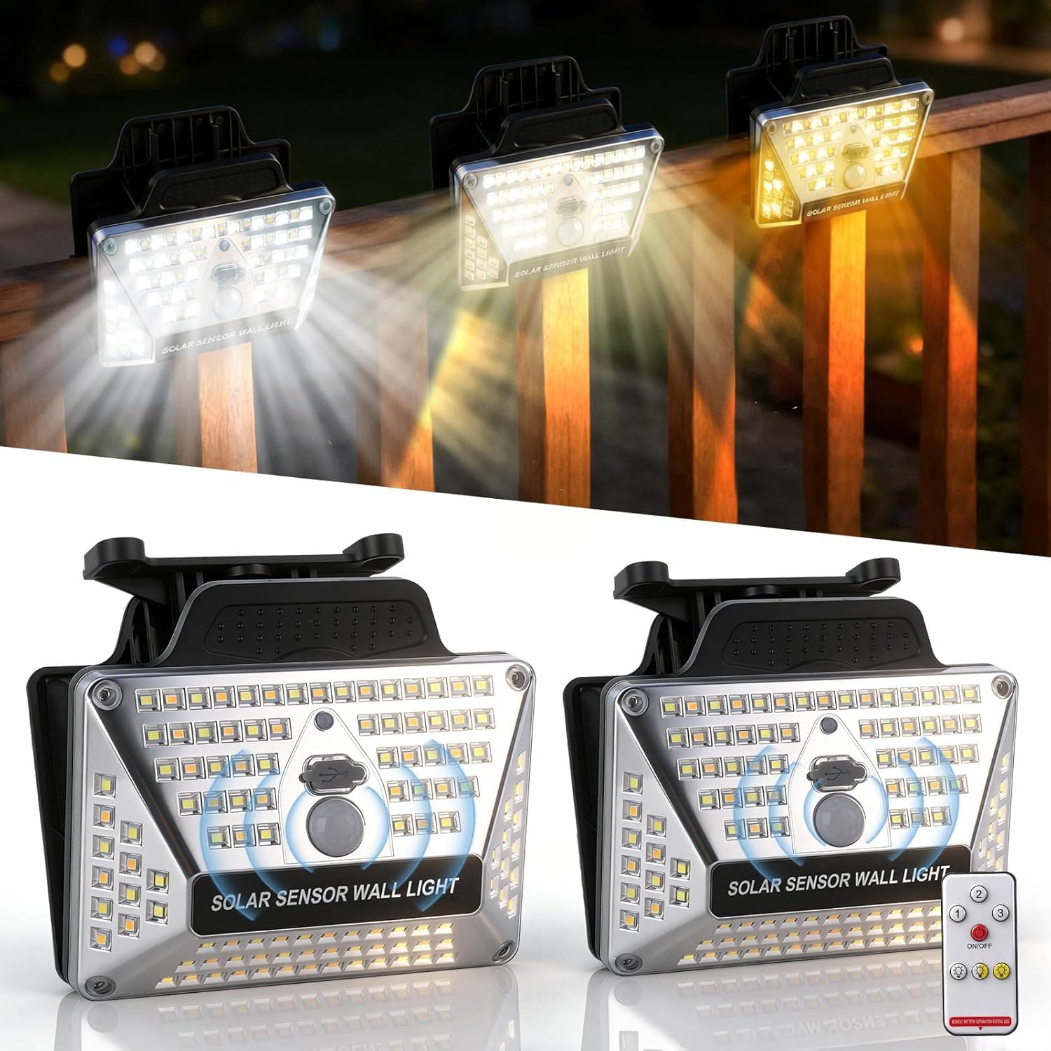 BORUIT Clip On Solar Lights Outdoor, 3 Color Temperature,111 LEDs Solar Powered Fence Light with Motion Sensor, USB C Rechargeable, Security Light with Remote for Outside Wall Gutter Garage (2 Pack) - image 1