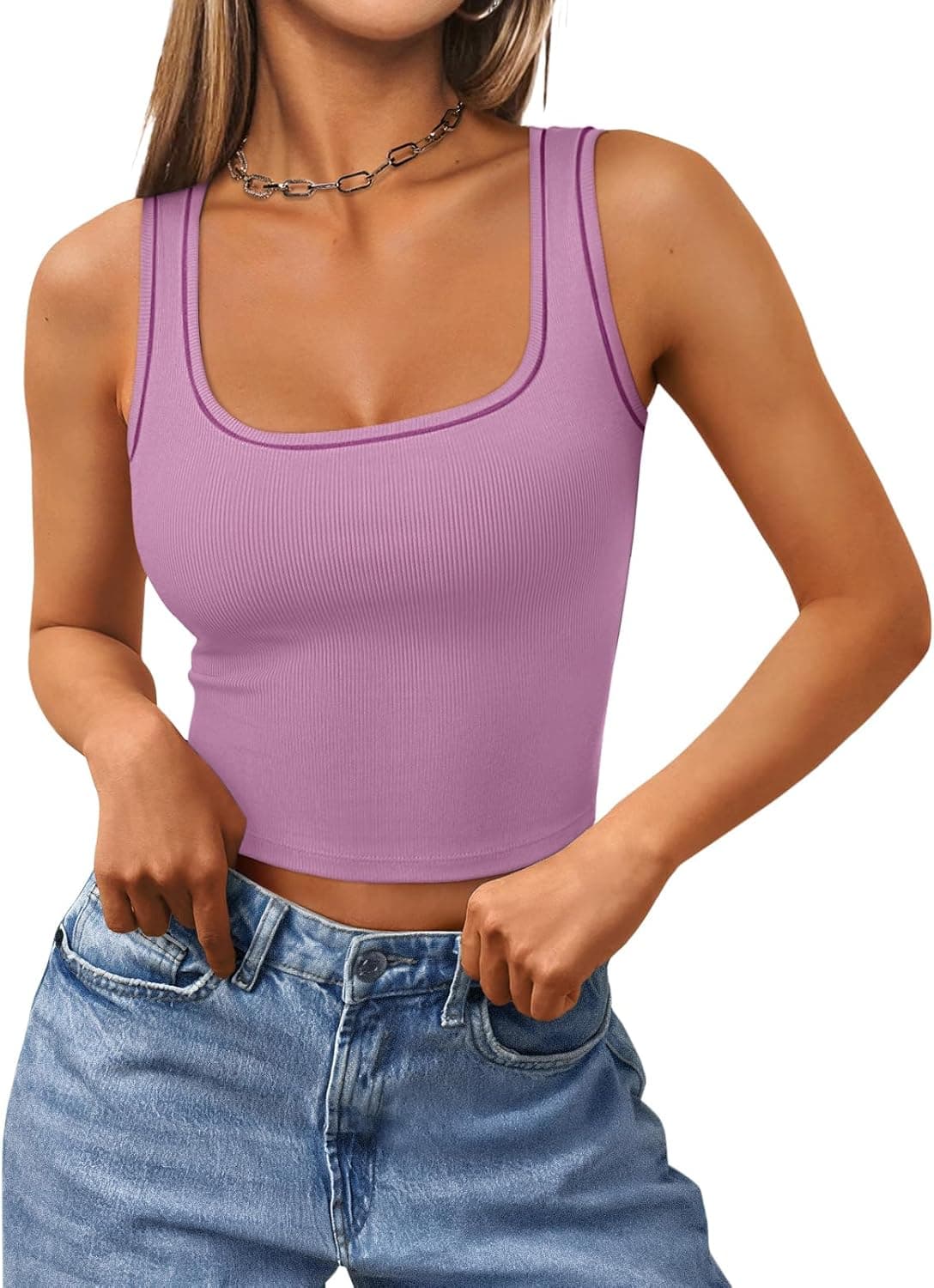REORIA Women's Square Neck Ribbed Slim Fit Crop Tank Top - image 1