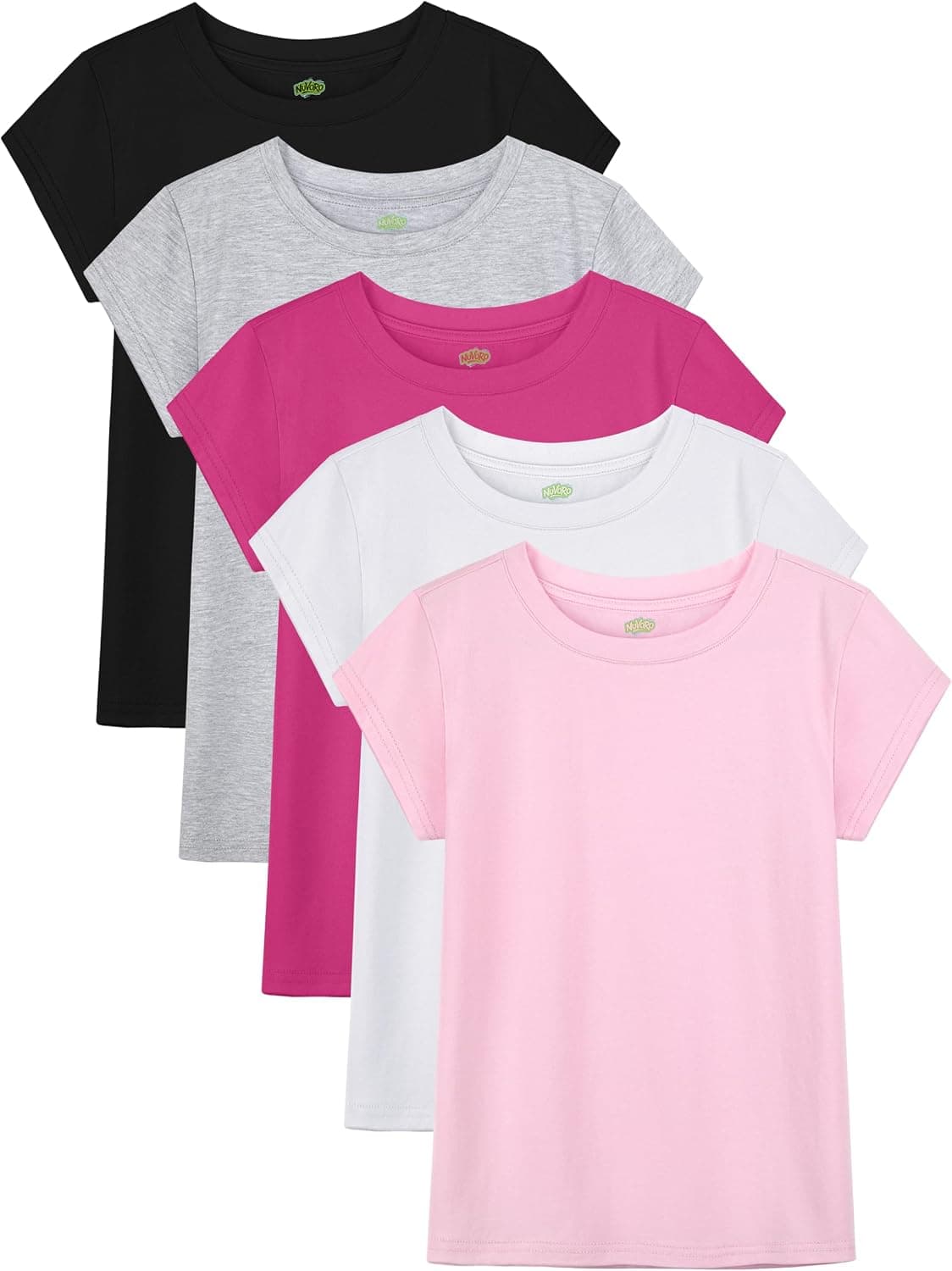 5 Pack Girls Shirts Cotton Short Sleeve Crewneck Tshirts for Kids Summer Tops - NUVORO