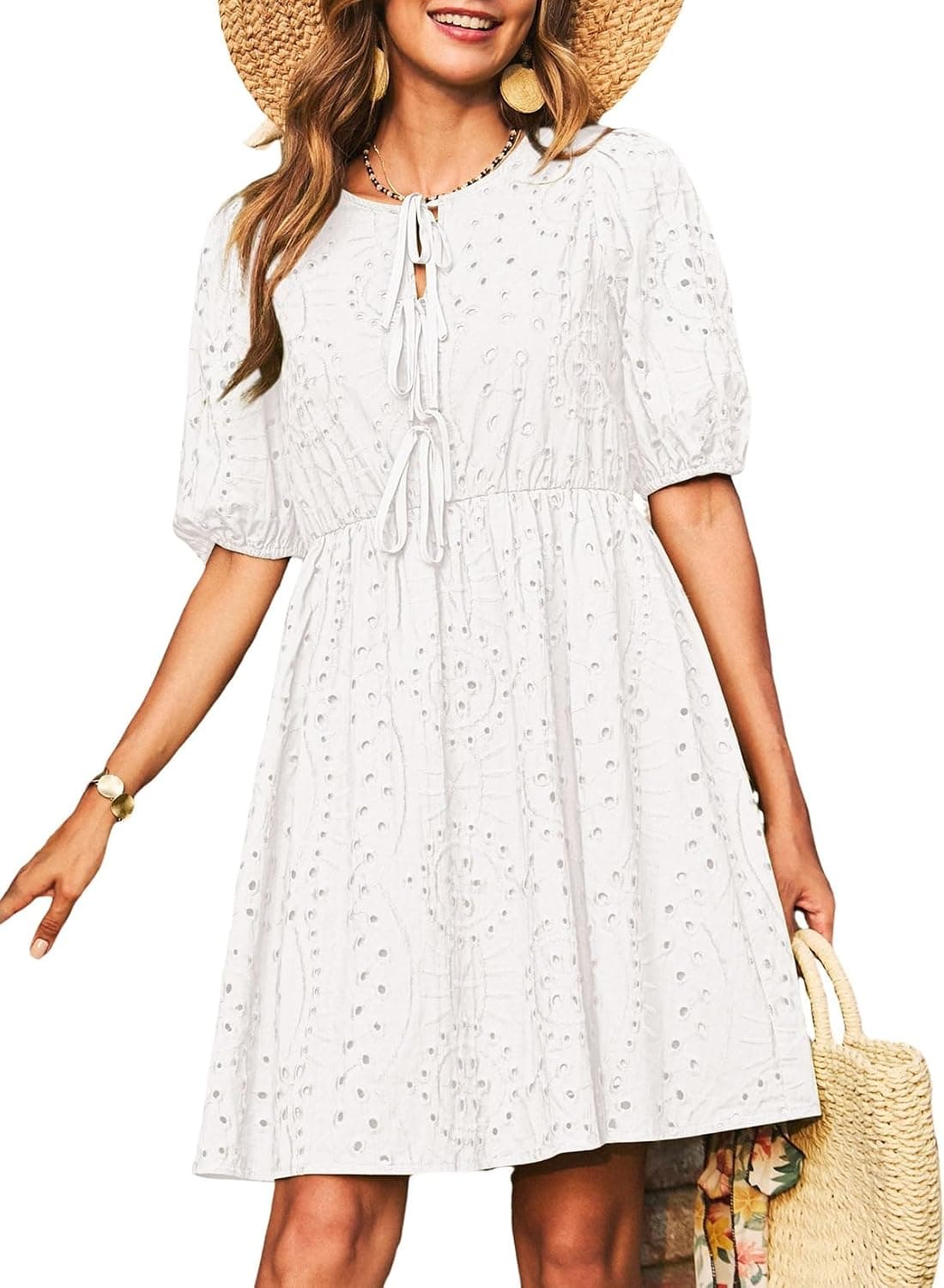 Dokotoo Summer Dresses for Women 2026 Tie Front V Neck Short Puff Sleeve Hollow Out Lace Wedding Guest Dress - image 1