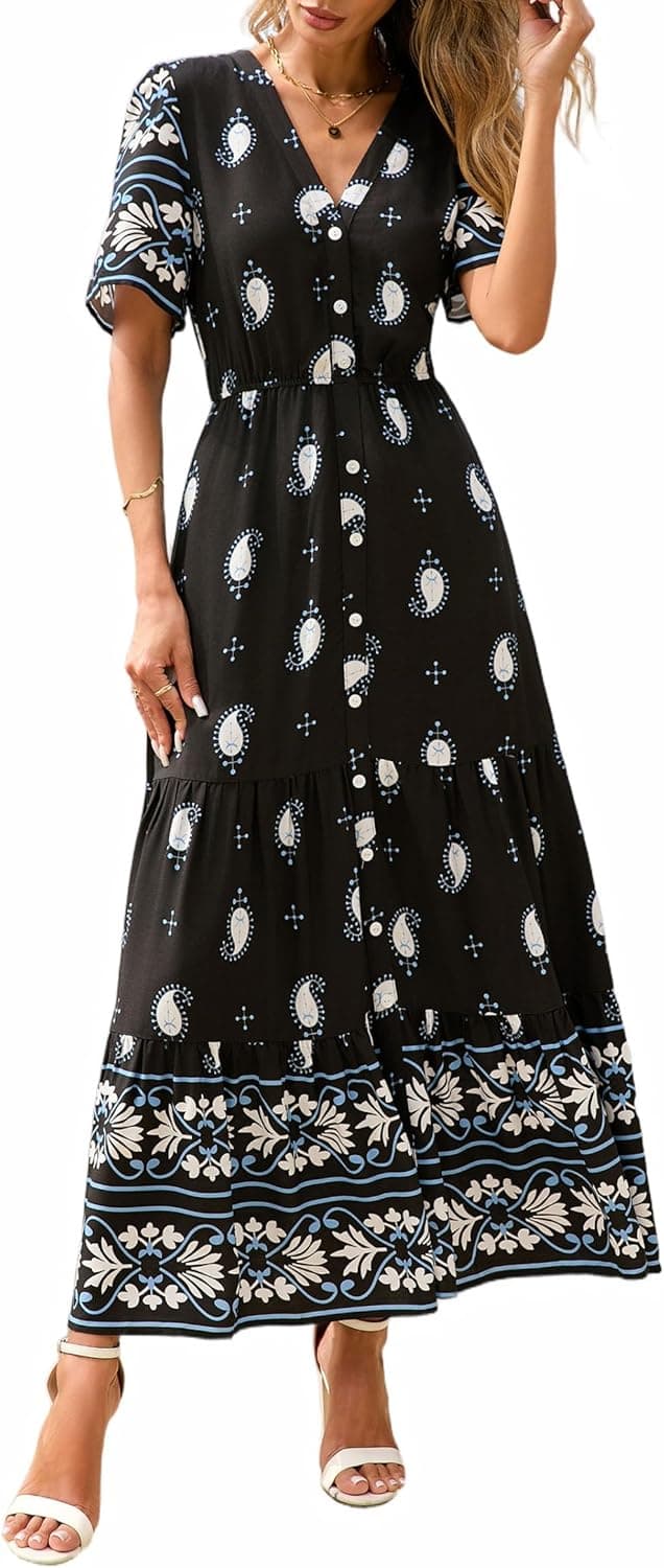 PRETTYGARDEN Womens Summer Boho Maxi Dress 2026 Trendy Short Sleeve V Neck Flowy Beach Floral Dresses with Pockets