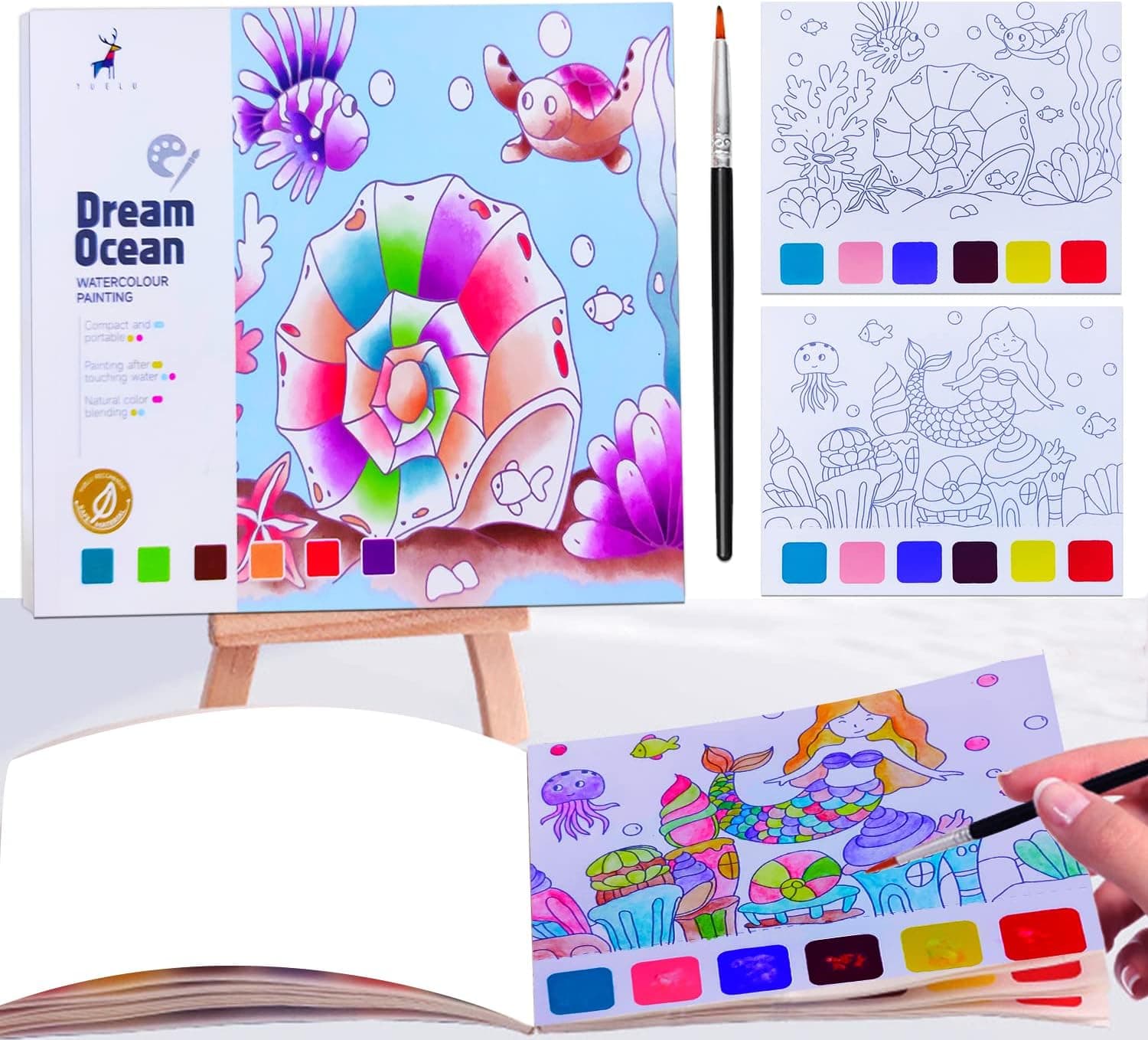 JUNQIU Watercolor Coloring Books for Kids Ages 4-8, Pocket Watercolor Painting Book for Toddlers, Arts and Crafts for Girls Gifts, Stocking Stuffers For Kids