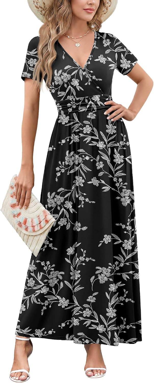WEACZZY 2026 Summer Long Dresses for Women Wrap Empire Pleated Waist V Neck Short Sleeve Elegant Maxi Dress with Pockets - image 1