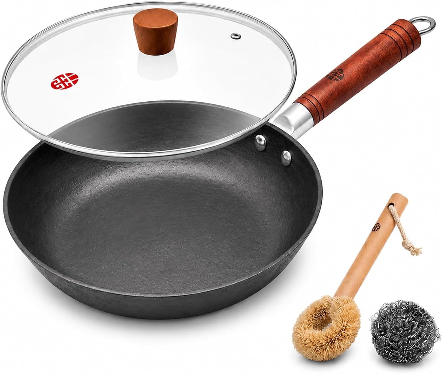 WANGYUANJI 10.2-Inch Cast Iron Skillet with Glass Lid, Uncoated Frying Pan with Flat Bottom for Induction, Gas & Electric Stovetops, Small Egg Pan for Breakfast, Steak & Sautéing - image 1
