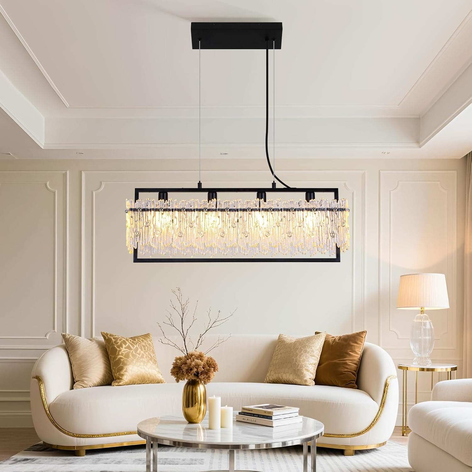 Dining Room Light Fixture Modern Rectangle Black Crystal 4-Light Chandeliers for Dining Room 25" Linear Farmhouse Lighting Fixture for Kitchen Island Light Living Room - image 1