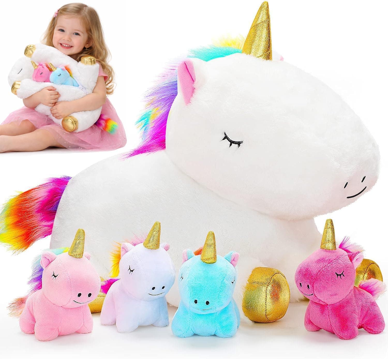 Mommy Plush Toys with 4 Babies, Stuffed Animal for Kids, Unicorn