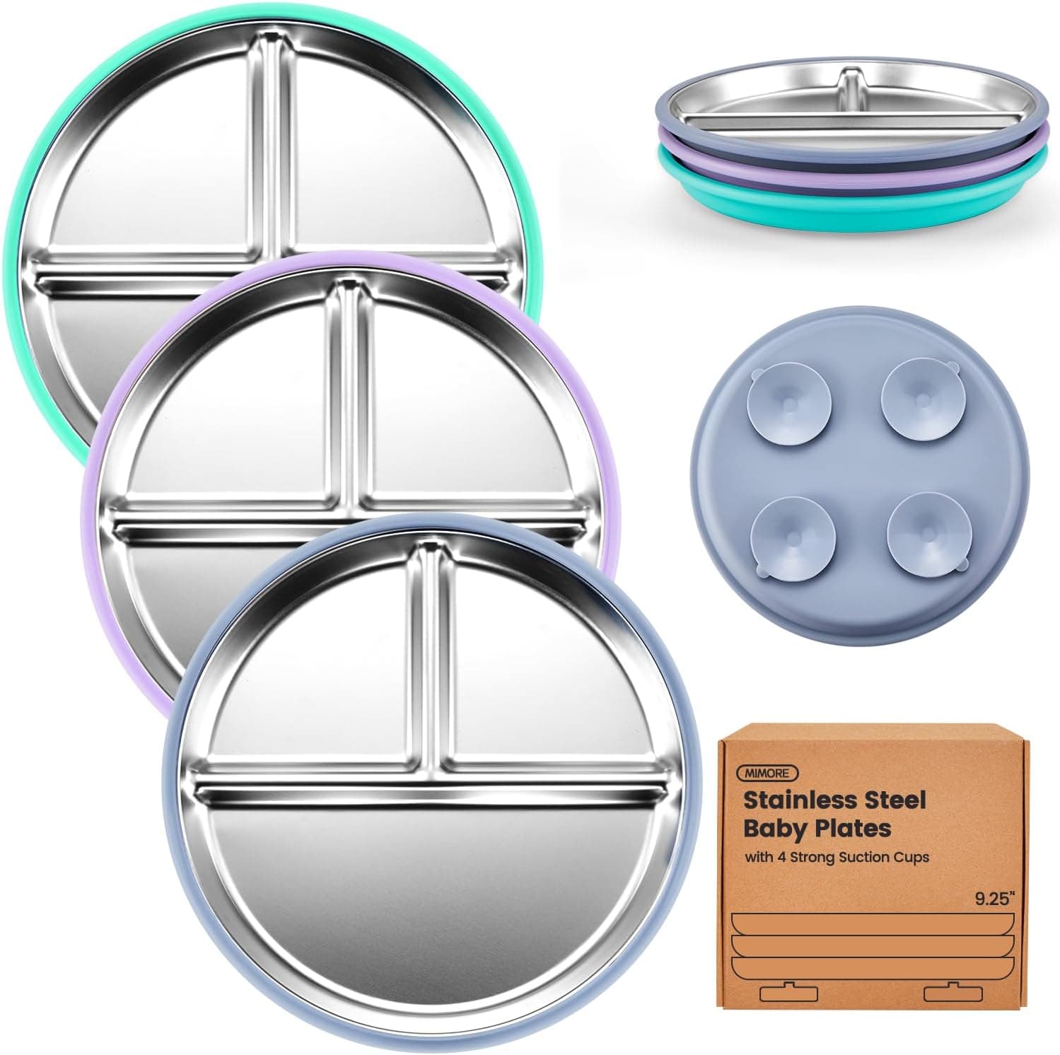 MIMORE Stainless Steel Toddler Plate – 3 Pack 9.25" Suction Baby Plates (Non‑Toxic & BPA‑Free) - image 1