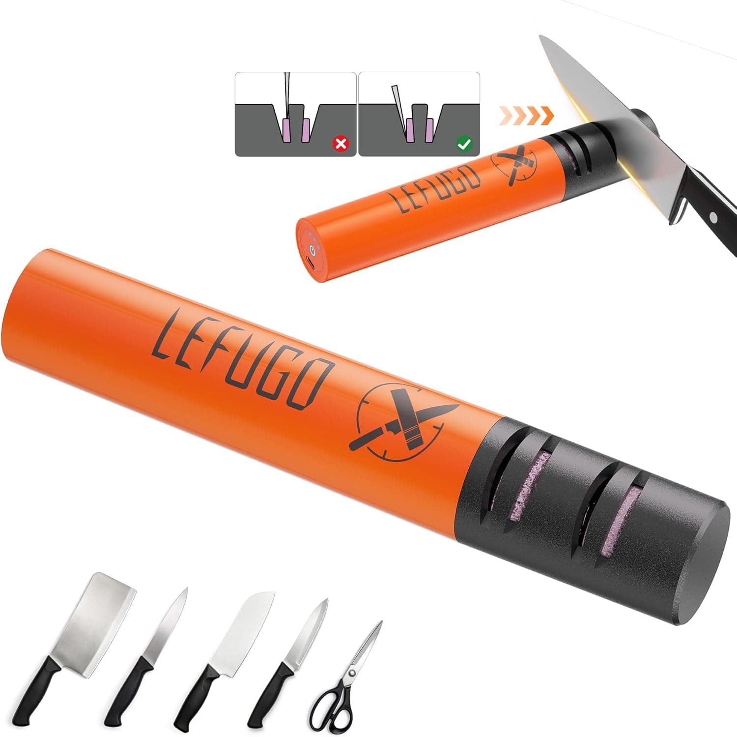 Cordless Electric Knife Sharpener, Portable Rechargeable Electric Knife Sharpener for Home Kitchen, 3-Speed 7000RPM Handheld Tool for Straight Blades (Orange) - image 1