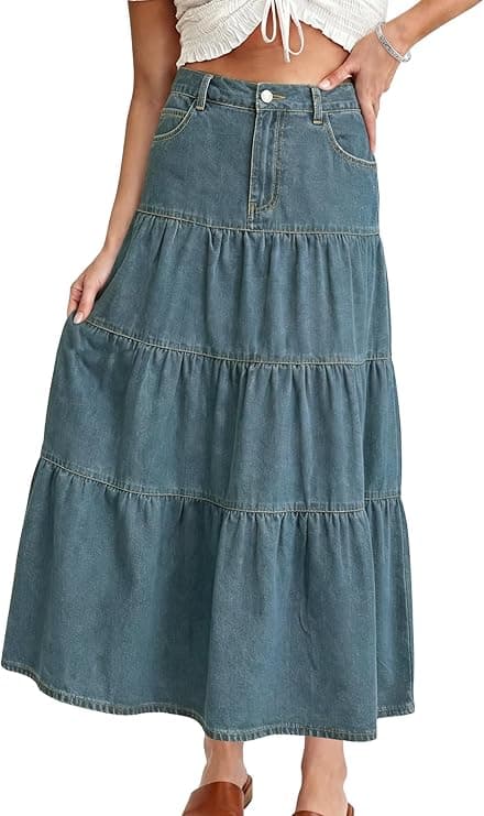 WINHORSE Women's High Waisted Long Denim Skirt – Tiered Ruffle A-Line Maxi with Pockets - image 1