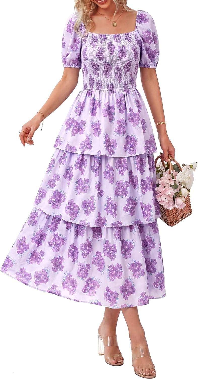 BTFBM Womens Square Neck Smocked Dress Summer Puff Short Sleeve Floral Casual Ruffle Tiered Maxi Wedding Guest Dresses