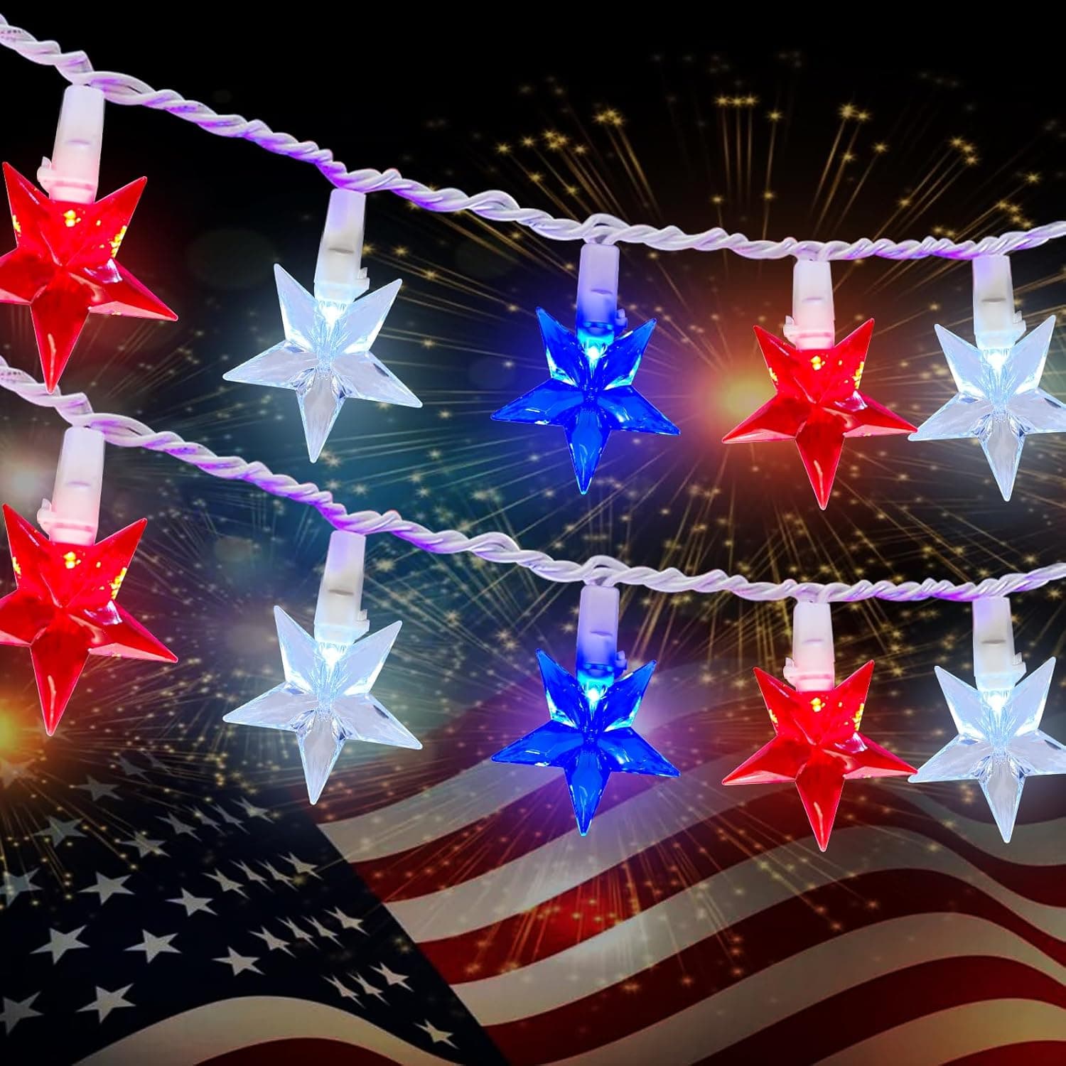 35 LED Patriotic Star String Lights, 13.6FT 4th of July Red White and Blue String Light with LED Mini Bulbs, Waterproof Connectable Independence Day Lights for Home Patio Garden Yard Memorial Day