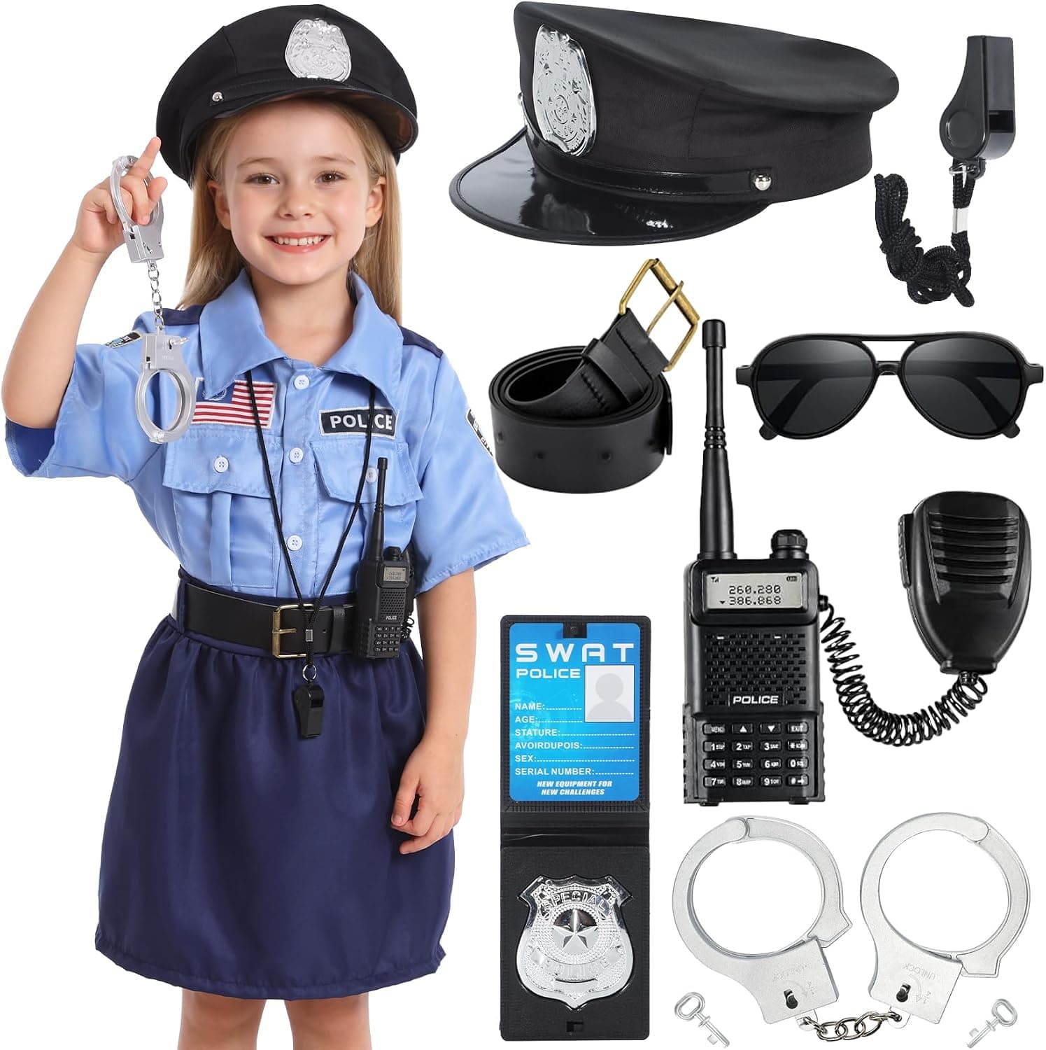 Cocojeci Police Officer Costume for Kids Girls - Realistic Halloween Dress Up Outfit (Ages 5-10)