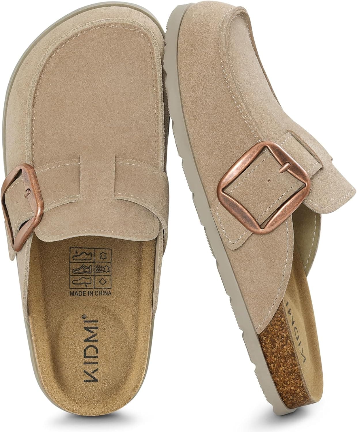 KIDMI Genuine Suede Clogs for Women Cork Footbed Leather Mules Slip On with Comfort Memory Foam and Adjustable Buckle