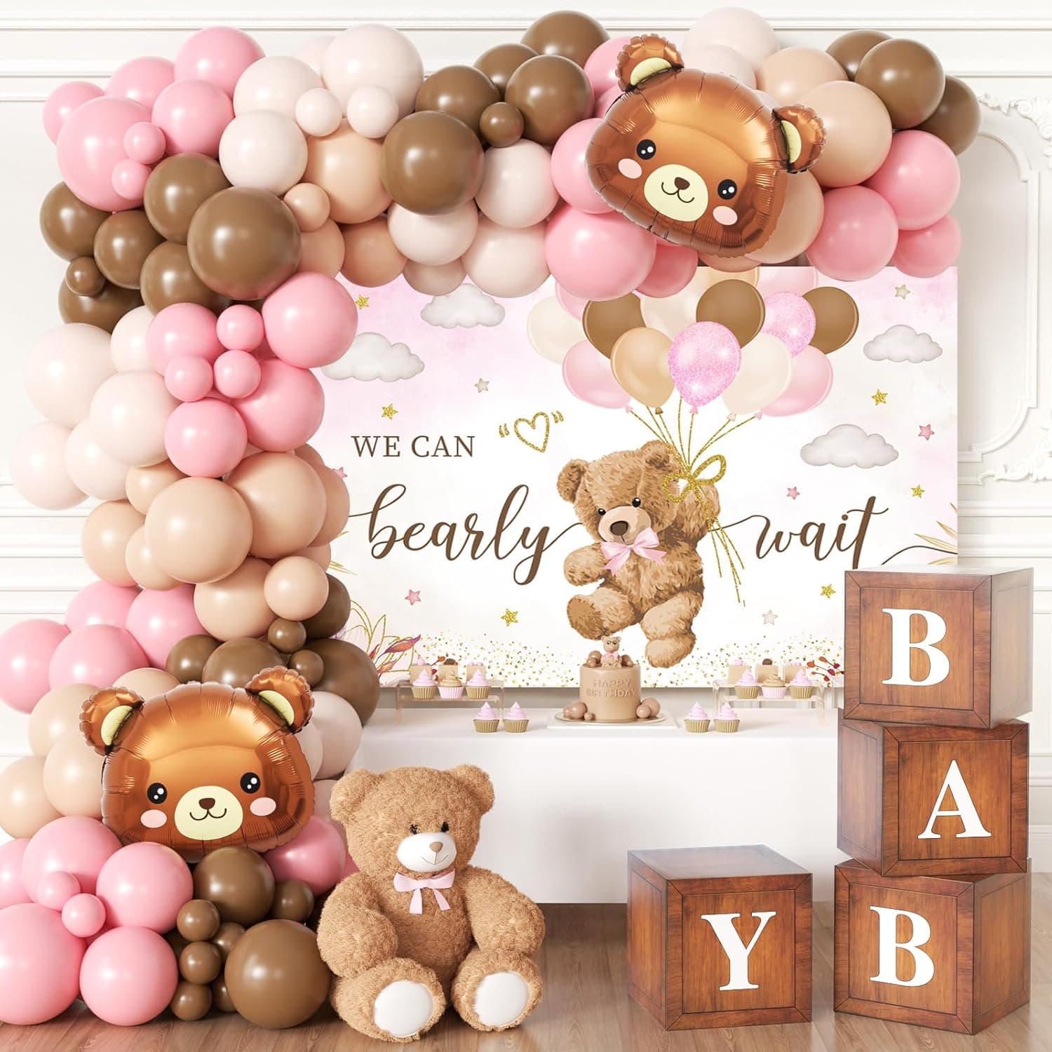 Pink Bear Baby Shower Decorations for Girl - Bearly Wait Theme with Balloon Arch & Wood Grain Boxes