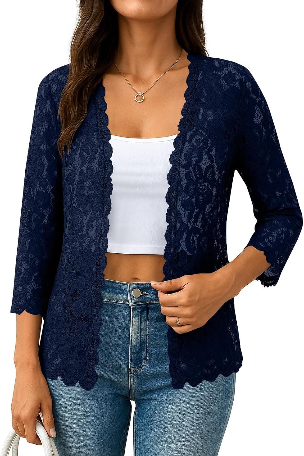 Summer Cardigans for Women 2026 Lightweight 3/4 Sleeve Crochet Lace Cardigan Dressy Casual Open Front Bolero Shrug