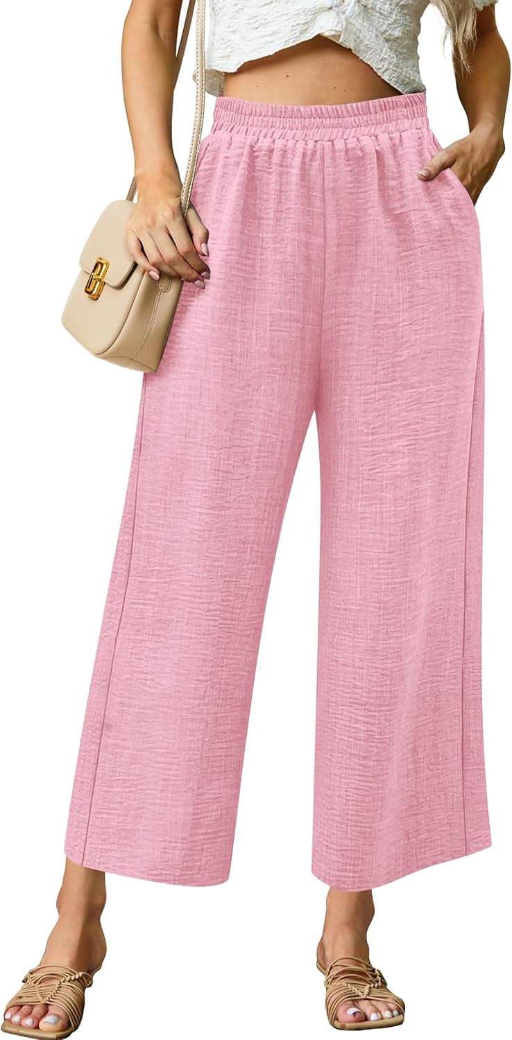 Womens Wide Leg Capri Pants Summer Palazzo Loose High Waist Lounge Trouser - Pink - image 1