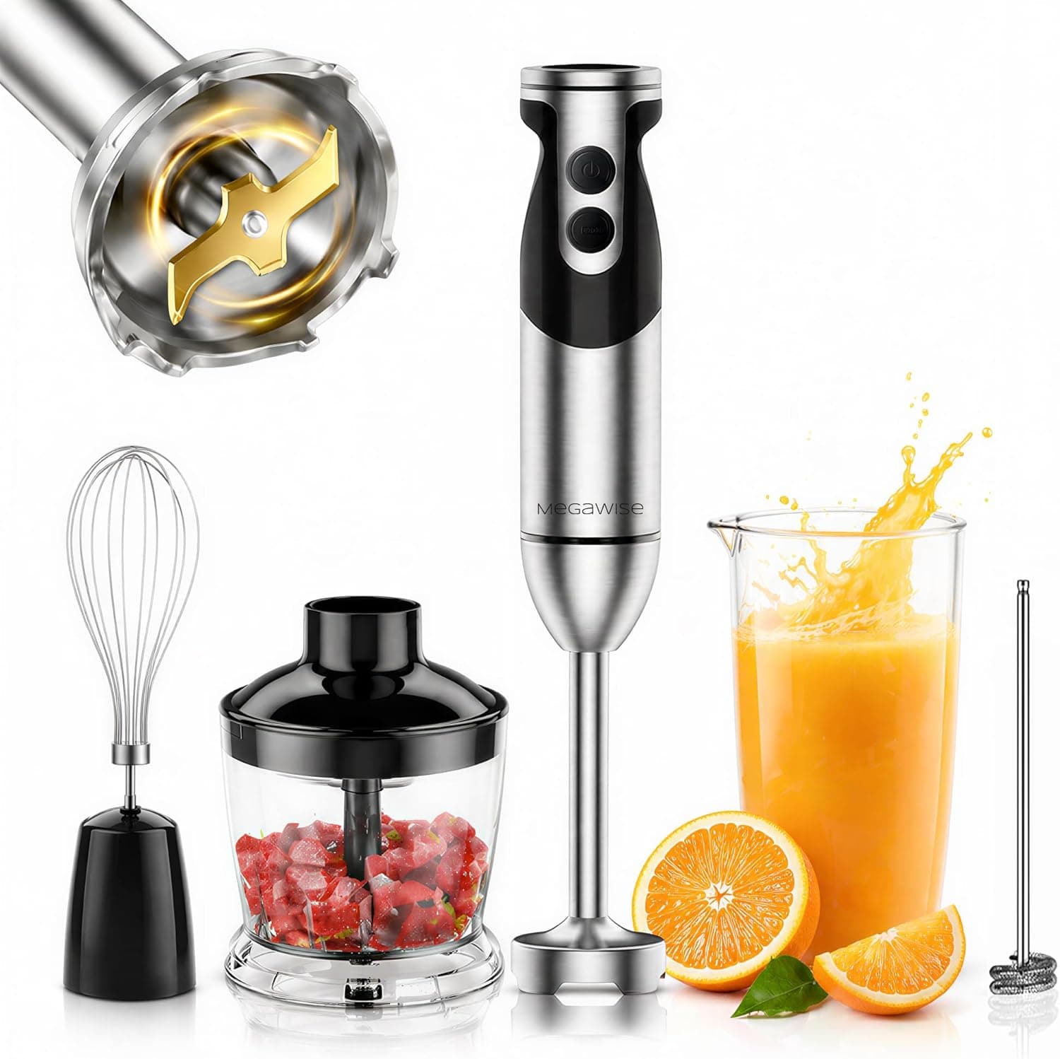 MegaWise Pro Titanium Reinforced 5-in-1 Immersion Hand Blender, Powerful Motor with 80% Sharper Blades, 12-Speed Corded Blender, Including 500ml Chopper, 600ml Beaker, Whisk and Milk Frother (Black) - image 1