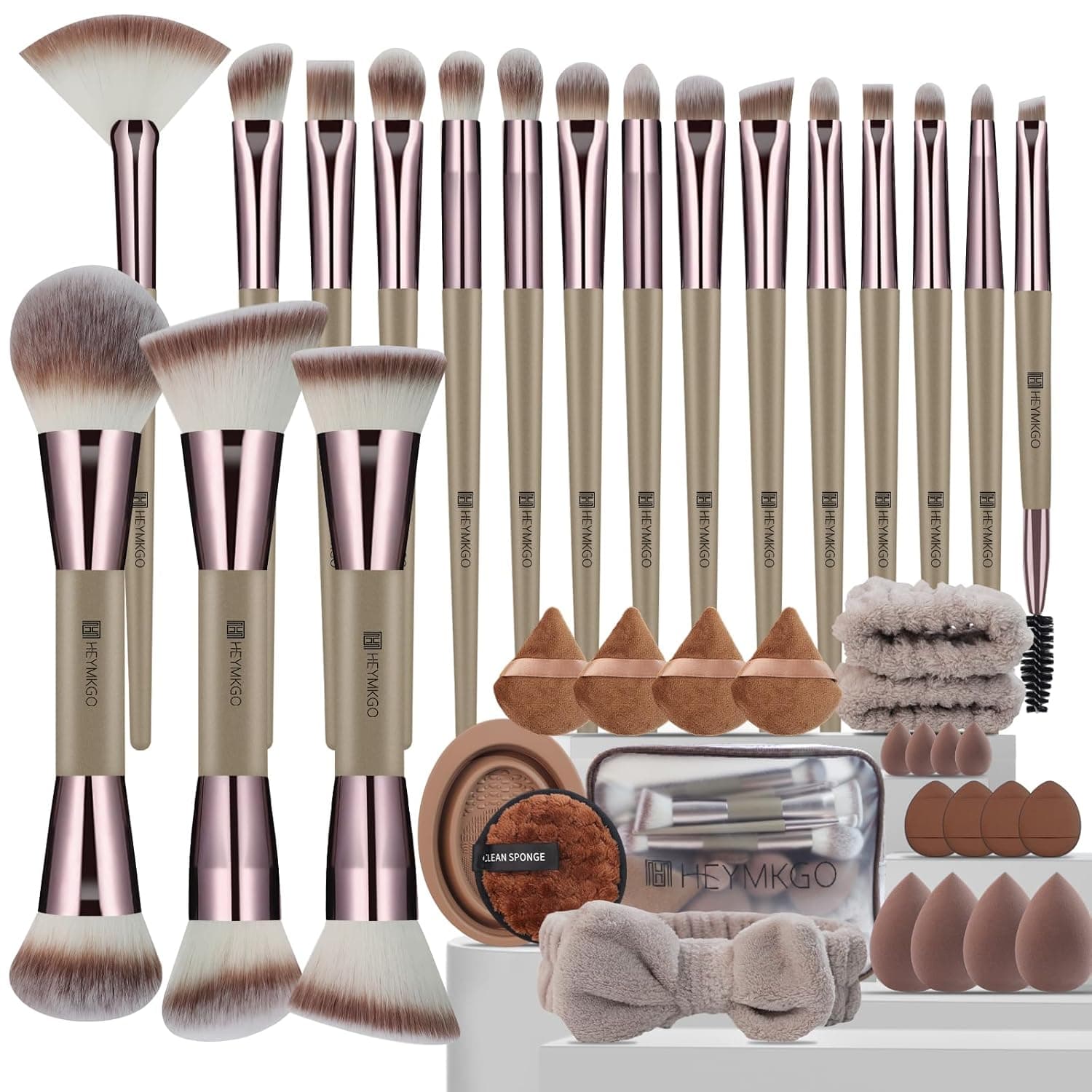 Makeup Brushes, 40Pcs Professional Makeup Brush Set Dual Ended Foundation Blush Concealer Contour Powder Eyeshadow Make up Tools with Sponges Puffs Clear Bag for Blending Buffing Highlighting