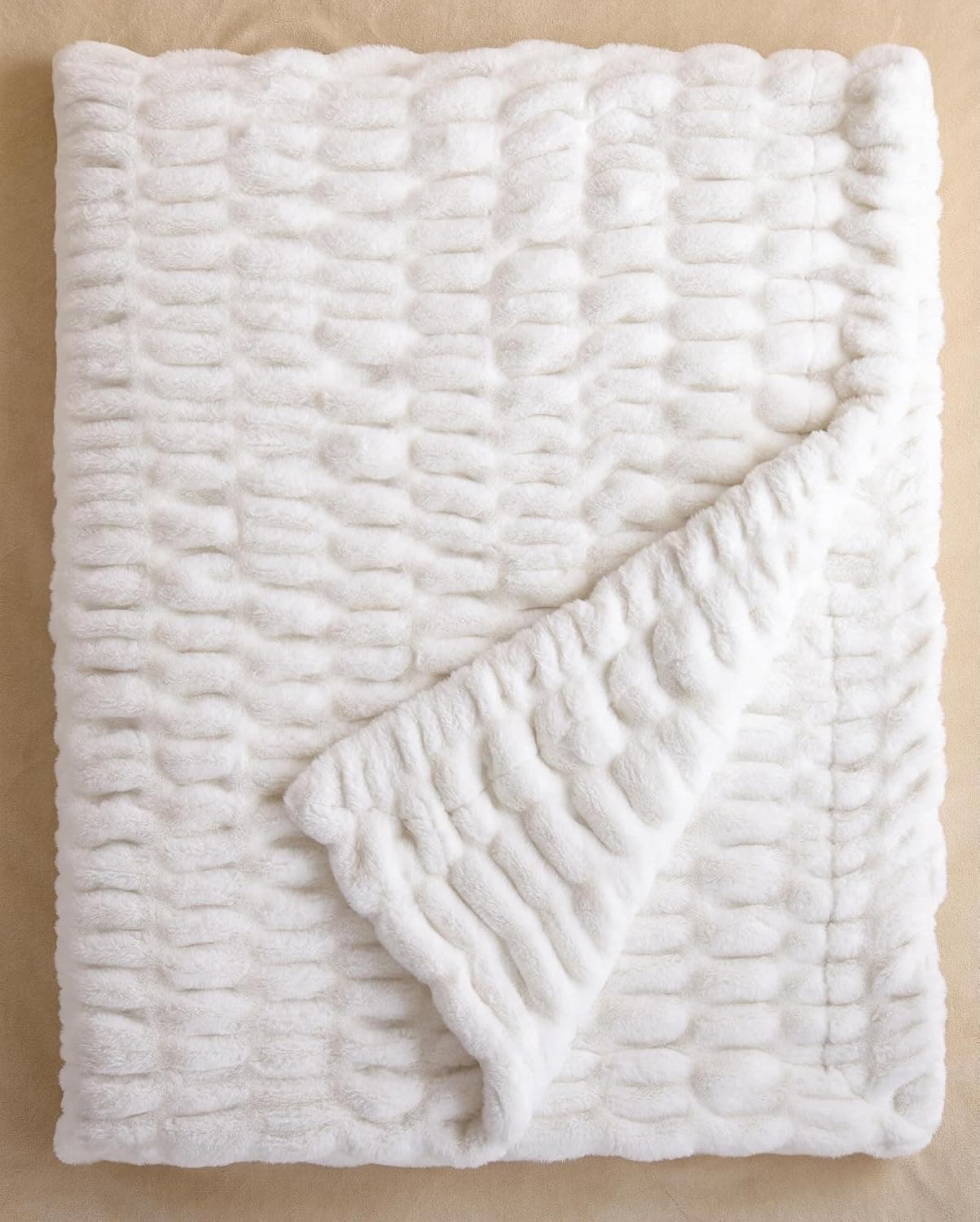 Luxury Faux Rabbit Fur Throw Blanket, 1000 GSM Double-Sided Plush Blanket for Couch Sofa Bed, Ultra Soft Thick Cozy Decorative Gift, Cream White, 50''x60''