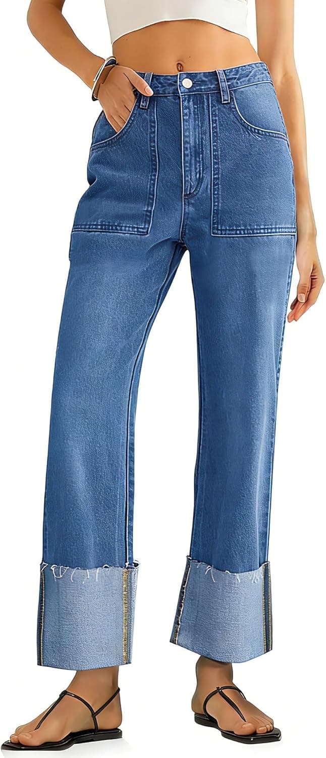 Womens High Waisted Baggy Cuffed Jeans Wide Straight Leg Boyfriend Denim Pants with Deep Pockets - image 1