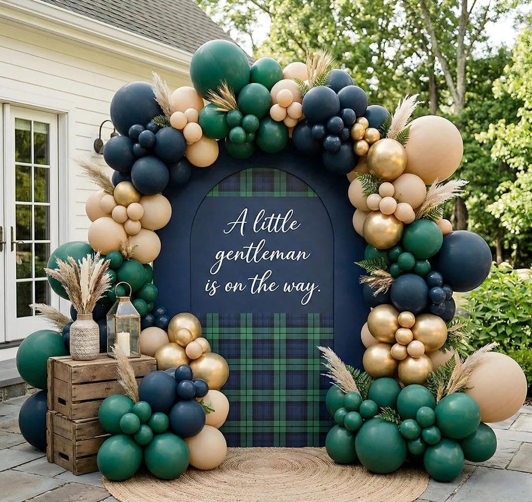 Double Stuffed Navy Blue and Dark Green Balloon Arch Garland Kit | Dark Blue, Emerald, Tan, Apricot, Gold Latex Balloon 91pcs for Gentleman Birthday, Baby Shower, Graduation, Adventure Party