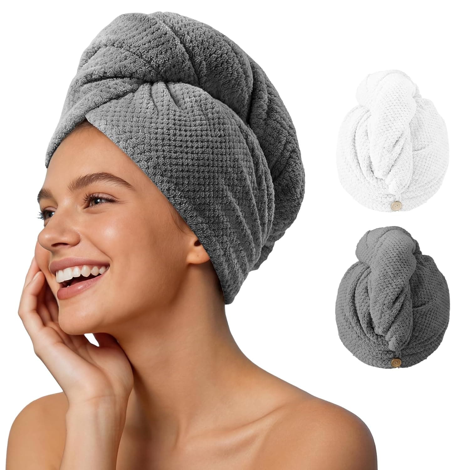 Umisleep 2 Pack Microfiber Hair Towel Wrap for Women, 400 GSM Thick & Soft Hair Drying Towels, Super Absorbent Hair Turban with Button Loop for Curly, Wavy & Wet Hair (Grey, White) - image 1