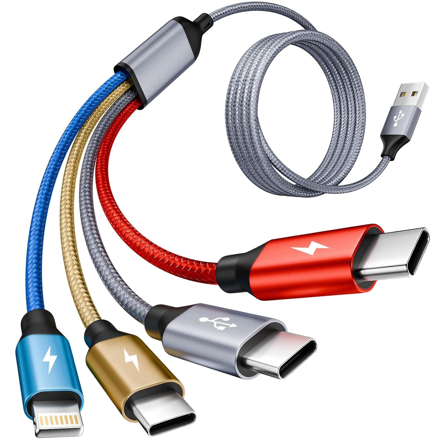 Multi Charging Cable,3 Type-C Multiple Charger Cable Nylon Braided 4 in 1 Multi USB Cable Charging Cord with IP/Type C Ports for Cell Phones/iPhone/Tablets/Galaxy & More-1Pack 5Ft.
