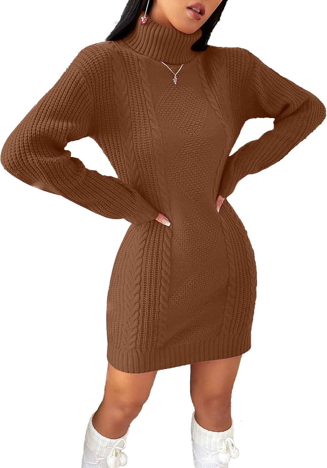 SunnyMelody Womens Turtleneck Cable Knit Sweater Dress Winter 2026 Christmas Ladies Dressy Long Sleeve Mini Dresses