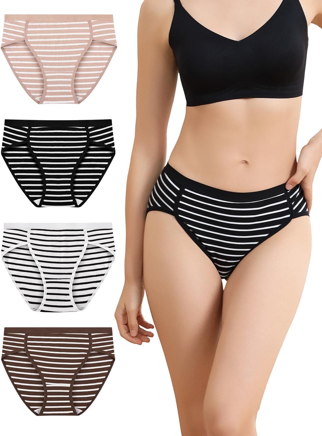 Women Cotton Cheeky Underwear - French High Cut Striped Panties
