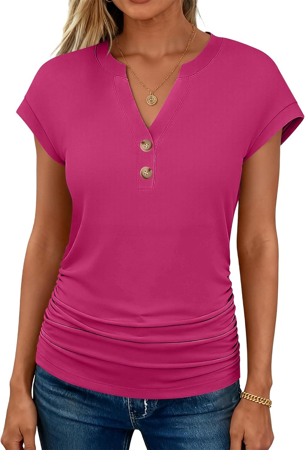 ANRABESS Womens Cap Sleeve Henley Shirts V Neck Ruched Side Top 2026 Summer Dressy Work Blouse Business Casual Outfits - image 1