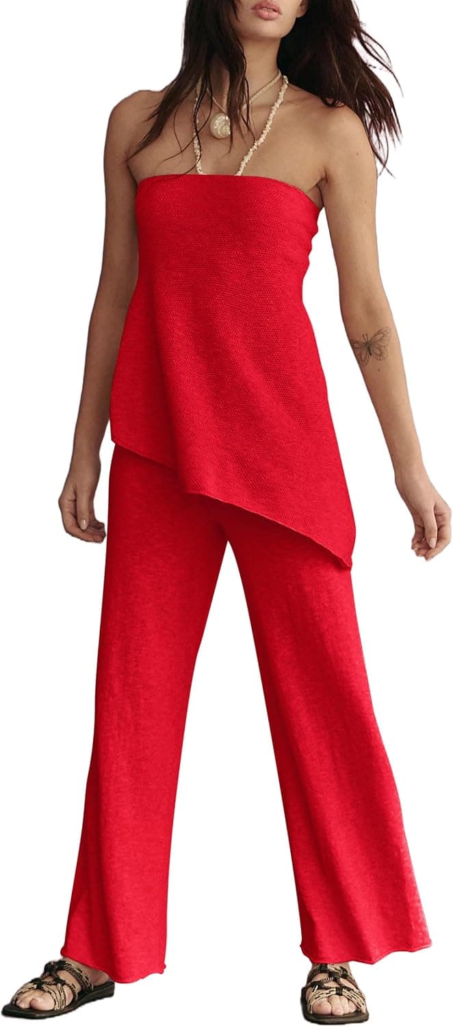 Summer Knit Sweater Sets for Women Off The Shoulder Tube Top and Pants Sets Lounge Sets Vacation 2 Piece Outfits