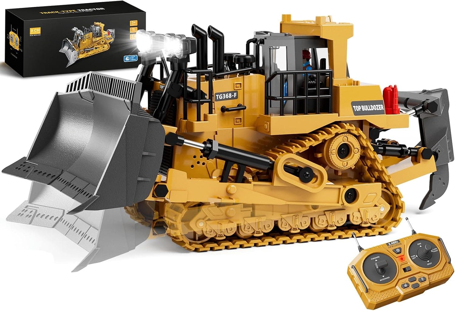 KIDMARKT Metal RC Bulldozer Toy for Kids, 9-Channel Remote Control Track-Type Tractor with Lights & Sounds, Realistic Construction Vehicle, Rechargeable Dozer Toy, Gift for Boys Ages 3-12