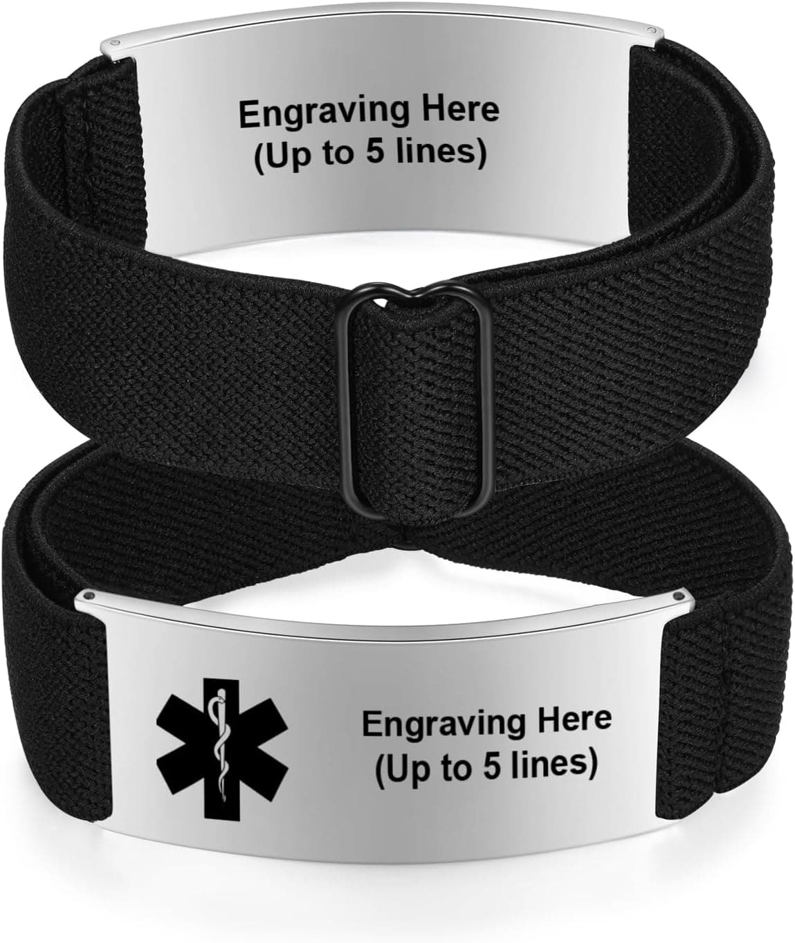 Medical Bracelet Custom Engraving up to 5 Lines Curved Metal Medical ID Plate Woven Fabric Wristband Adjustable Metal Loop Buckle Star of Life Option Medical ID Bracelet for Daily Wear Hospital Visit Hiking Driving Work